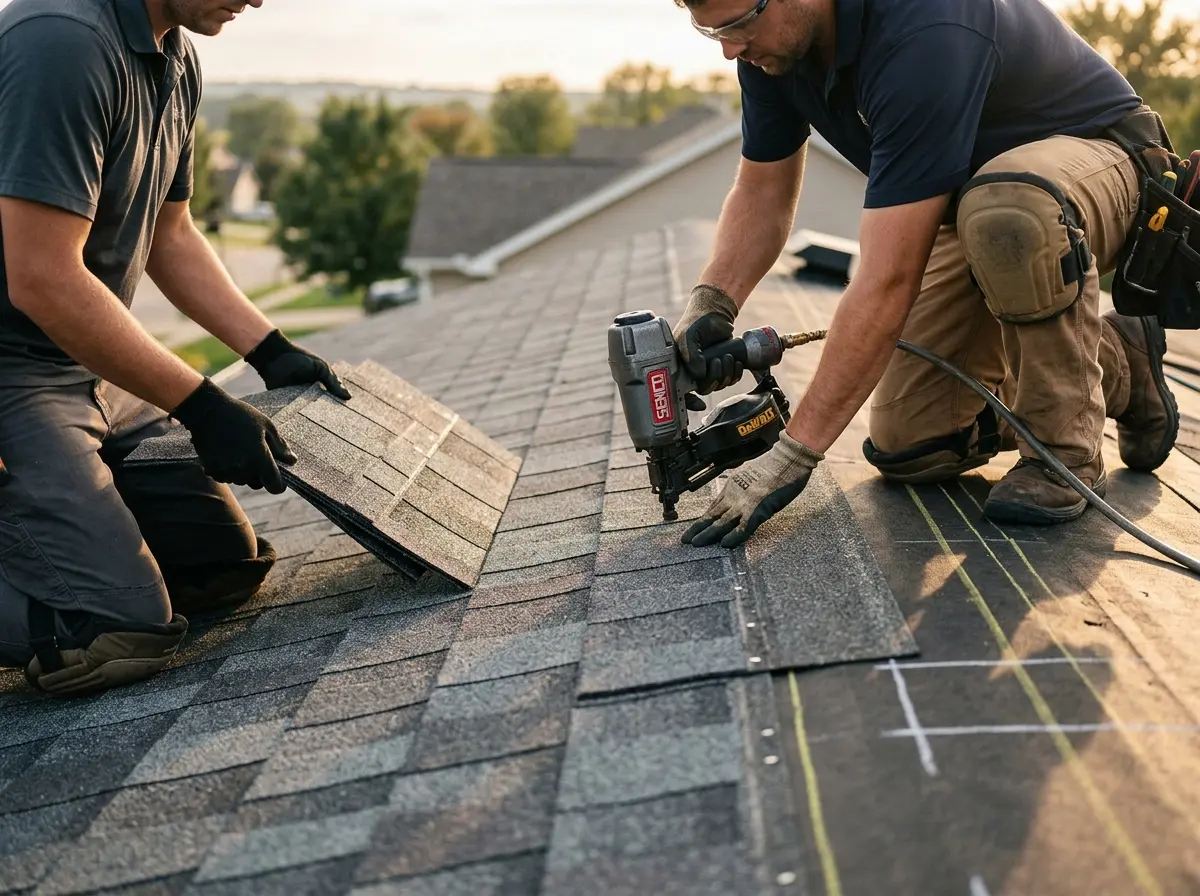 Professional roofer working on a residential roof in DeKalb